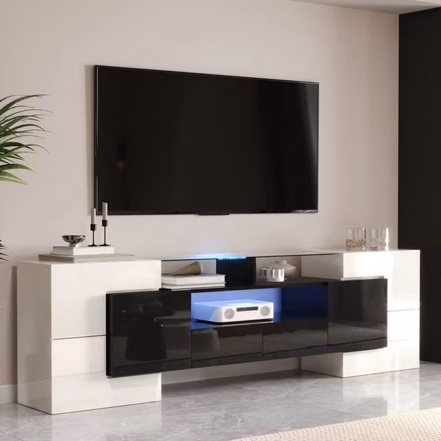 Mobile TV LED con 6 ante, 2 cassetti e 3 vani, finitura moderna lucida bianca e nera, per soggiorno, 200 × 35 × 60 cm