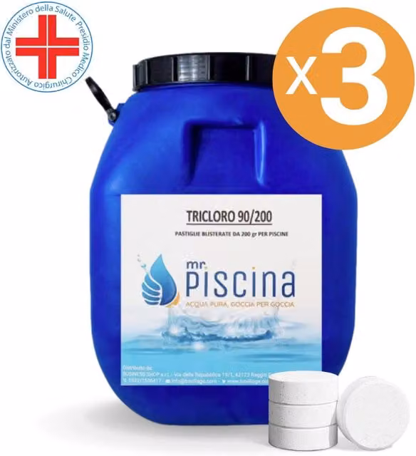 TRICLORO 90% in PASTIGLIE 200 gr per piscina, presidio medico chirurgico Quantità confezione: 3 confezioni