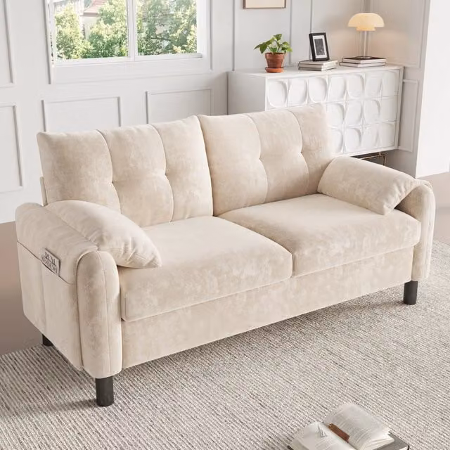 Divano a 2 posti OKWISH in tessuto chenille beige con cuscini spessi e tasche laterali, L: 158 cm, P: 80 cm, H: 88,5 cm