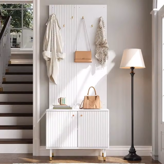 Mobile ingresso MODFU con appendiabiti e scarpiera, bianco e oro, L: 70 cm, P: 35 cm, H: 180 cm