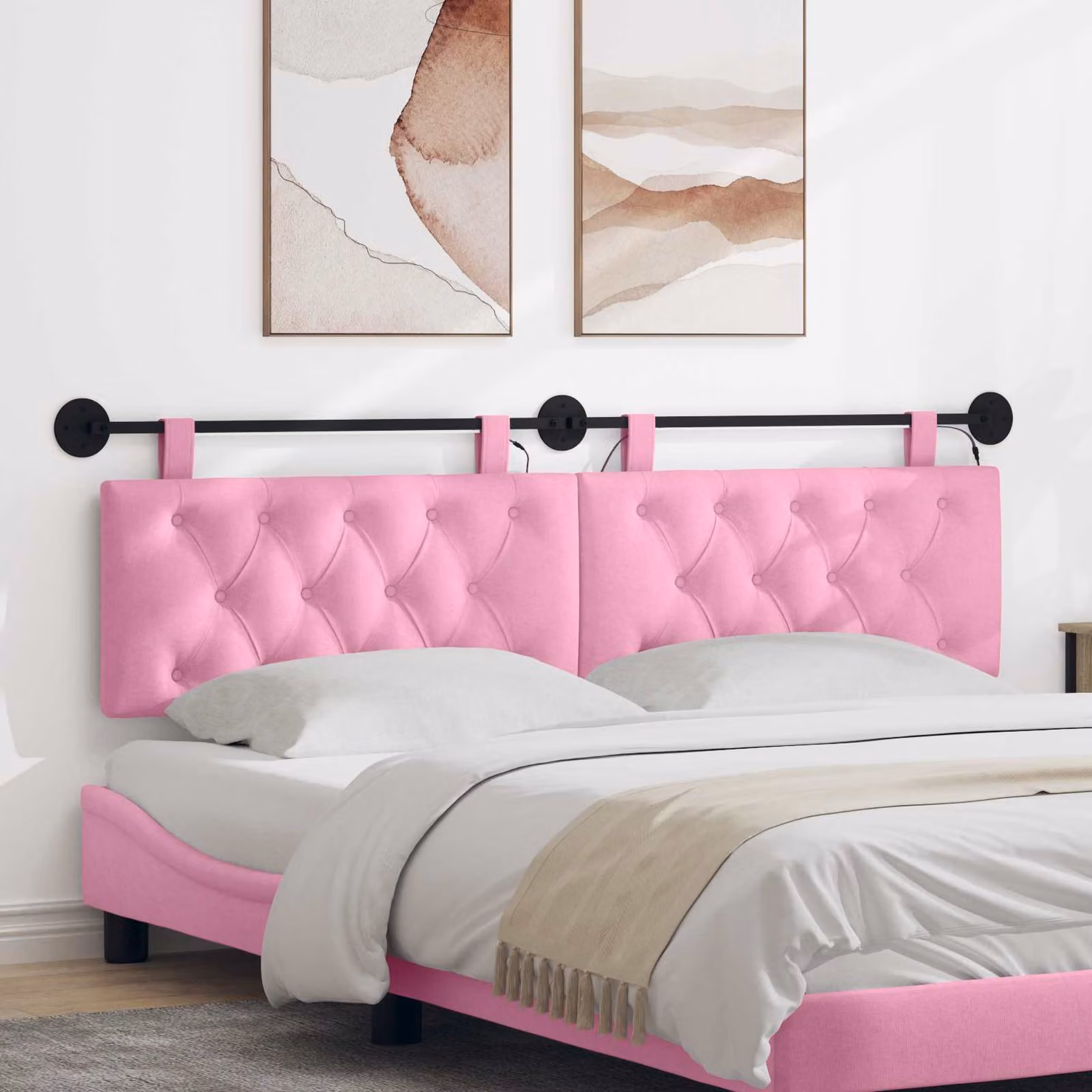 Testiera per letto sospesa vidaXL con luce LED integrata in tessuto rosa