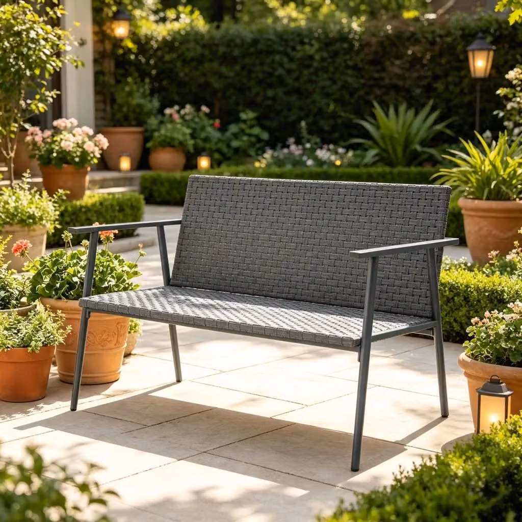 Panca da giardino Mivray a 2 posti in resina intrecciata grigia con struttura in acciaio verniciato, H 78 x L 110 x P 58 cm – 2