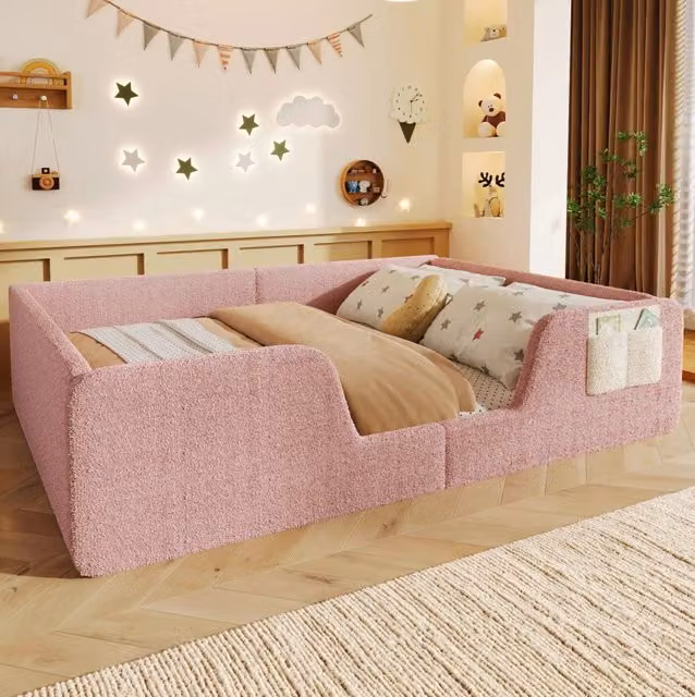 Letto imbottito 140x190 cm con sponde rimovibili e tasca laterale in velluto rosa