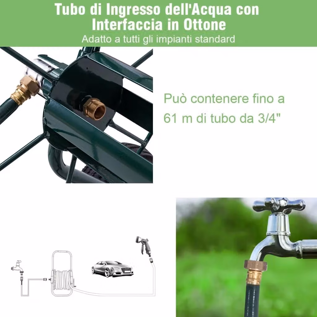 Costway Carrello Avvolgitubo da Giardino Verde con Ruote Pneumatiche, Capacità 61m per Tubo da 19 mm, Struttura in Metallo e Ottone – 2