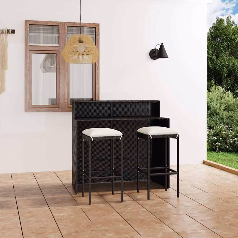 Set Bar da Giardino vidaXL in Polyrattan con Cuscini Nero e Bianco 3 Pezzi