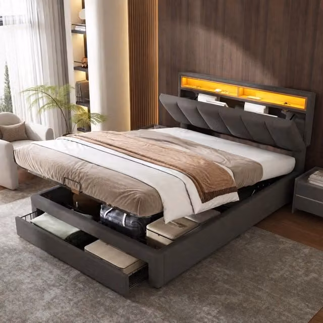 Letto matrimoniale 140x200 cm grigio in lino, LED e vano sottoletto con rete a doghe, senza materasso