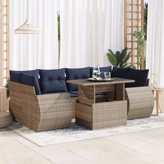 Set Divani da Giardino 7pz con Cuscini Grigio Polyrattan Acacia 3326592