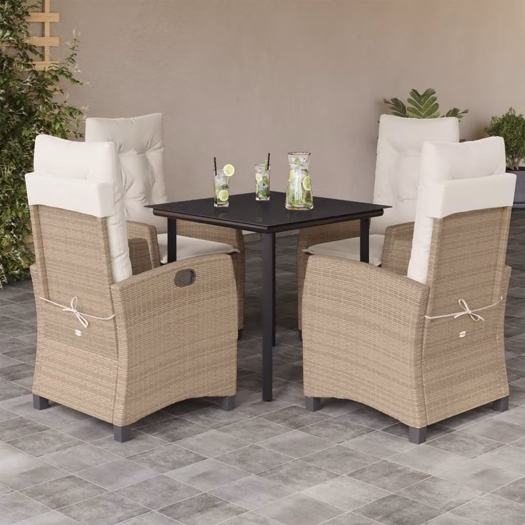 Set da Pranzo da Giardino vidaXL in Polyrattan con Cuscini Beige e Tavolo in Vetro, 5 Pezzi – 1