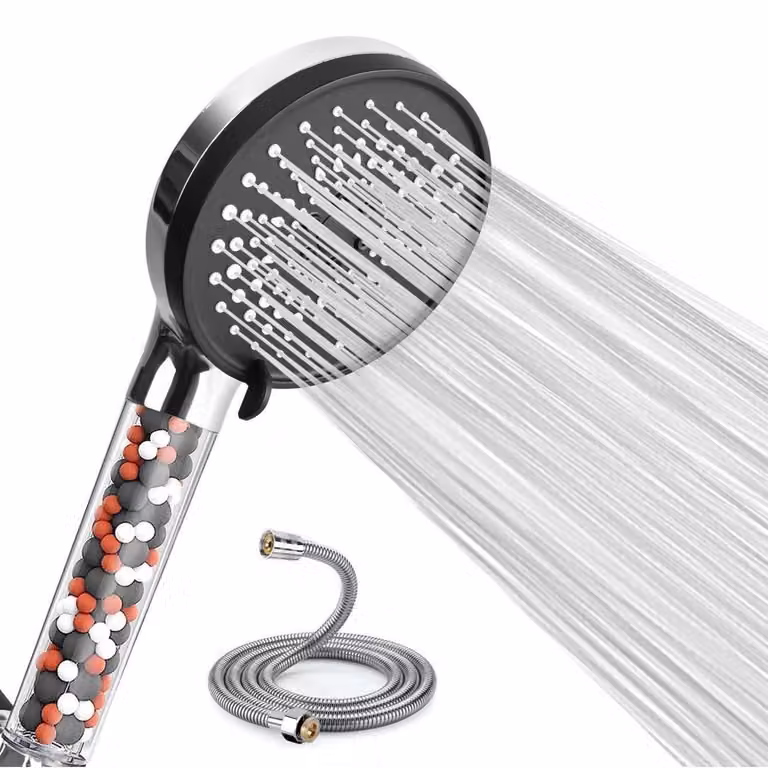 Doccia con filtro, soffione manuale ad alta pressione, tubo da 2 metri, 6 getti, a risparmio idrico, ideale per acque dure