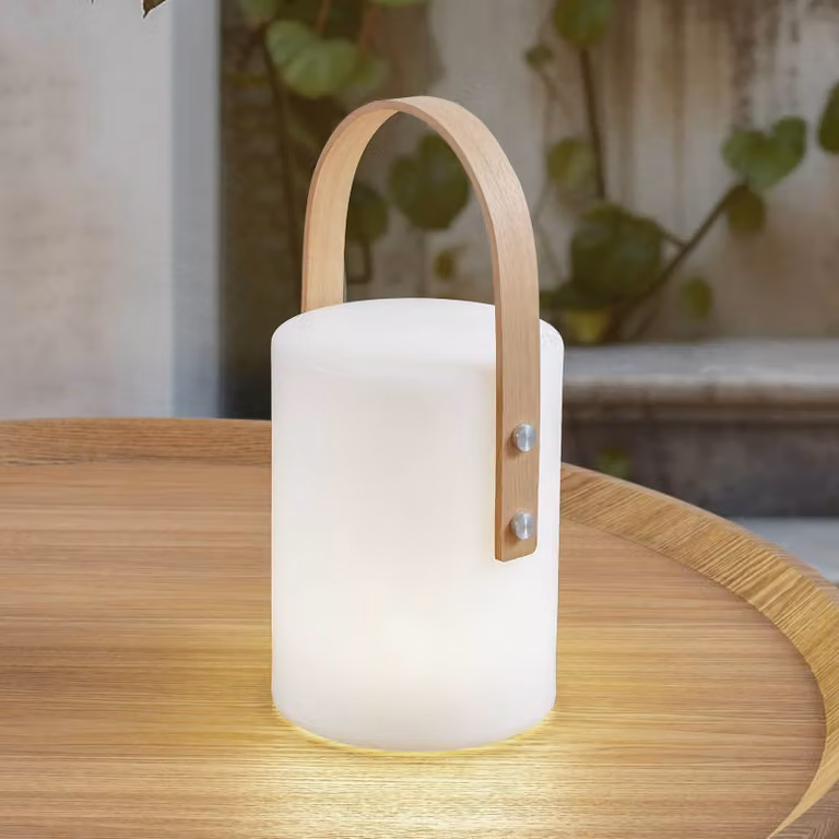Lampada da tavolo esterno a LED ricaricabile Lindby Juria, bianca, CCT, IP44 Juria, Bianco / Opale, Legno, Moderno