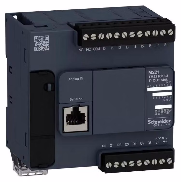 Controllore PLC Schneider Electric, Modicon M221, formato compatto, 16 I/O, Modbus, 24 V CC, transistor sink, morsetti a vite TM221C16U