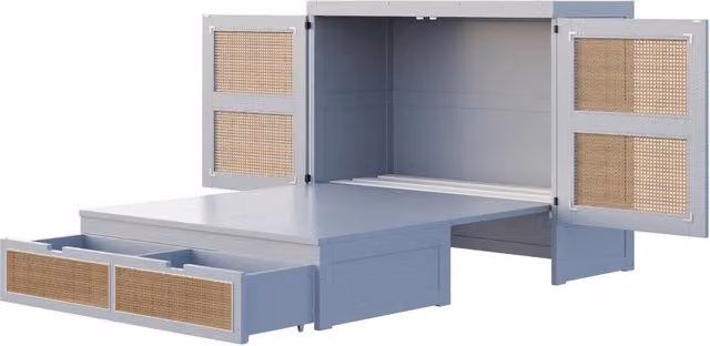Letto a scomparsa verticale 140 x 200 cm con rete a doghe, design in rattan grigio, con cassetti contenitori