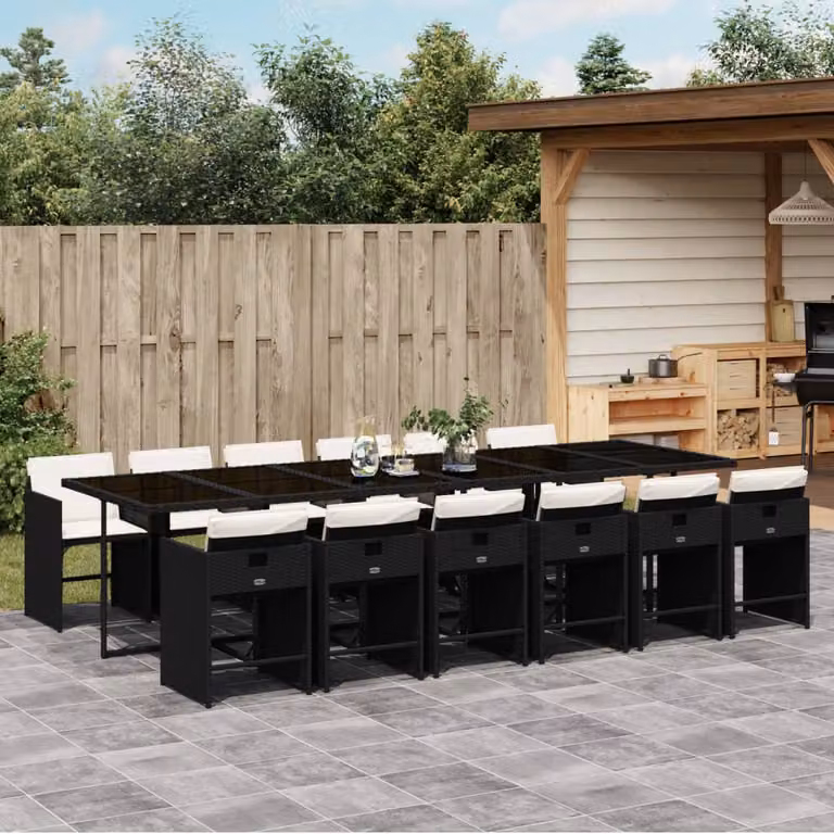 Set da pranzo da giardino vidaXL in polyrattan nero con cuscini e piano in vetro