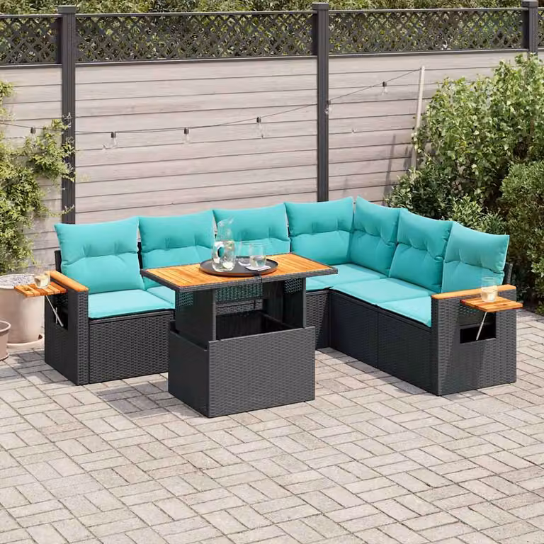 Set Divano da Giardino a L vidaXL in Polyrattan e Legno di Acacia con 7 Cuscini, Colore Nero, Blu e Turchese