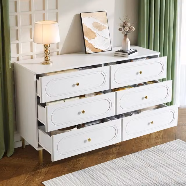 Cassettiera e credenza con 6 cassetti, piedini in metallo e frontali ovali, per soggiorno e camera, 120 × 40 × 75 cm