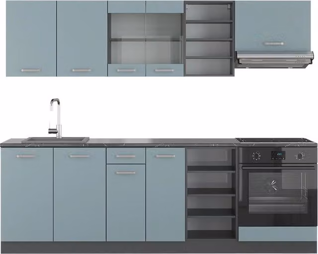 Cucina componibile moderna Vicco R-Line in legno e metallo, colore grigio, blu e antracite, L: 240 cm, P: 60 cm, H: 206,8 cm
