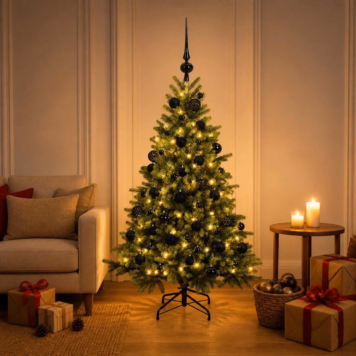 Albero di Natale artificiale con decorazioni natalizie, altezza 150 cm, 150 luci LED
