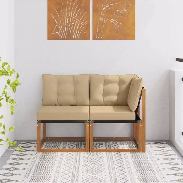Divano da giardino modulare e angolare a 2 posti DESIGN IN in legno di acacia e tessuto beige con cuscini inclusi