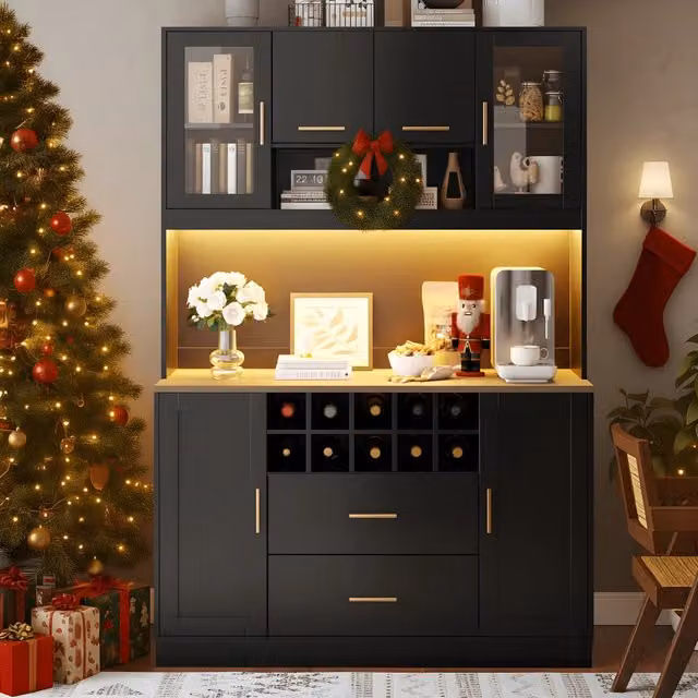 Credenza alta WISHDOR con LED, prese e USB, 6 ante e 2 cassetti, nero e oro, L/P/H: 120 x 36,3 x 180 cm