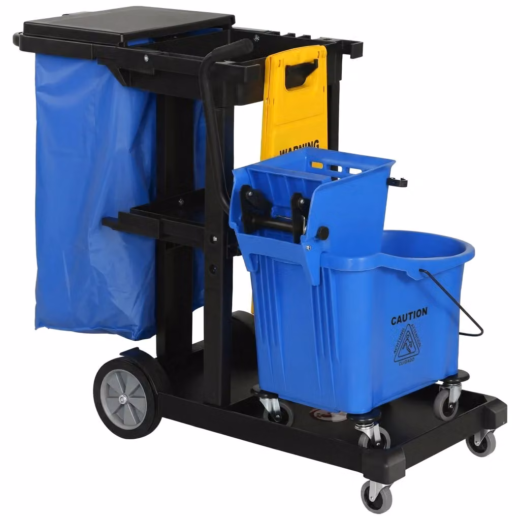 Carrello per pulizie professionale Xylo blu con 3 ripiani e strizzatore per mocio – 2