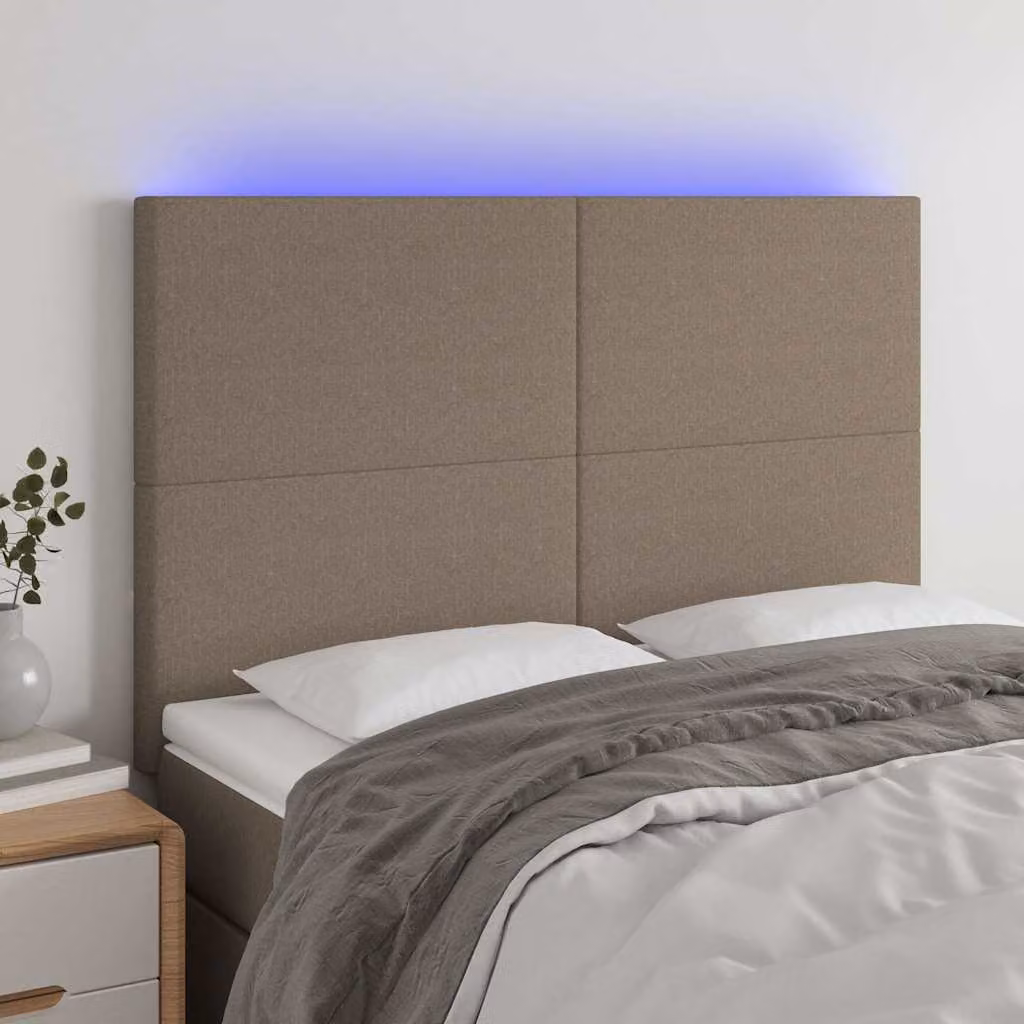 Testiera per letto vidaXL in tessuto tortora con illuminazione LED e porta USB, L 144 x P 5 x H 118/128 cm