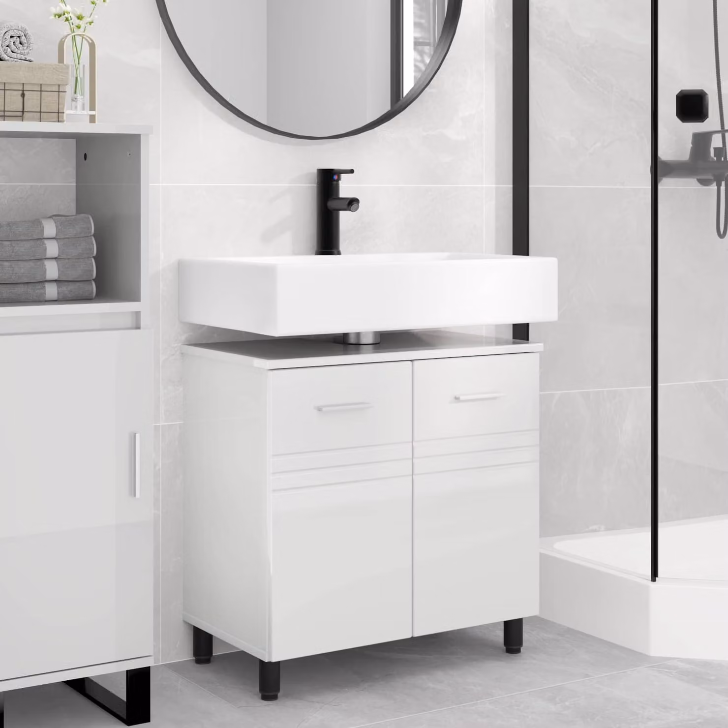 vidaXL Mobiletto da bagno moderno bianco lucido con ante a battente e ripiani interni L: 60 cm, P: 35 cm, H: 60 cm