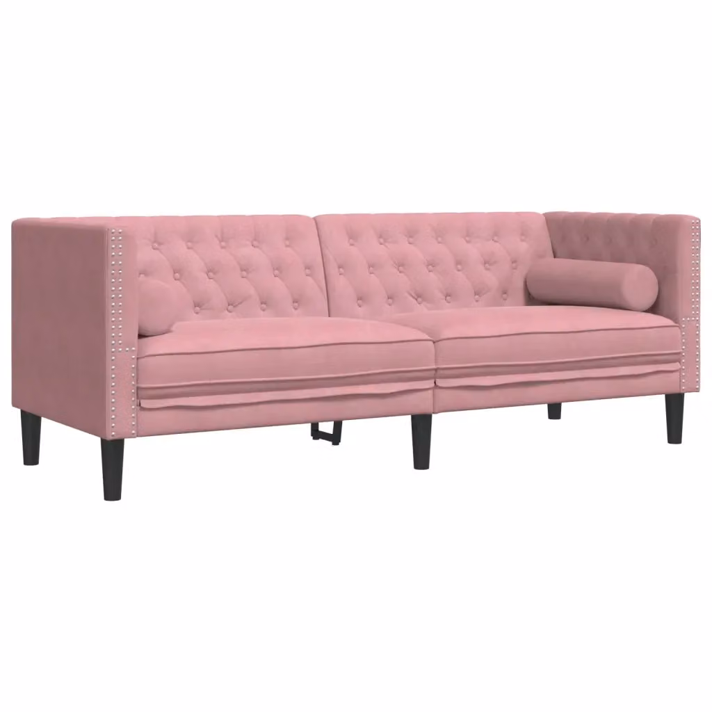 Divano Chesterfield vidaXL in Velluto Rosa con Cuscini, L: 194 cm, P: 74,5 cm, H: 70,5 cm – 2