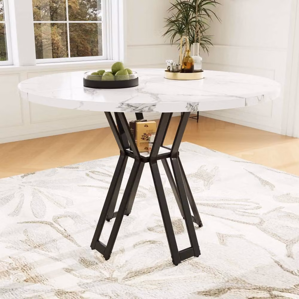 Tavolo da pranzo AIORBER, struttura in metallo, pomolo regolabile, gamba nera, posti a sedere 4-6, marmorizzato, per sala da pranzo e soggiorno, 100 x 100 x 76 cm, bianco