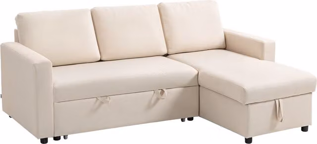Divano angolare HOMCOM con chaise longue reversibile, vano portaoggetti e 3 cuscini, colore beige, L 211.5 x P 146 x H 85 cm