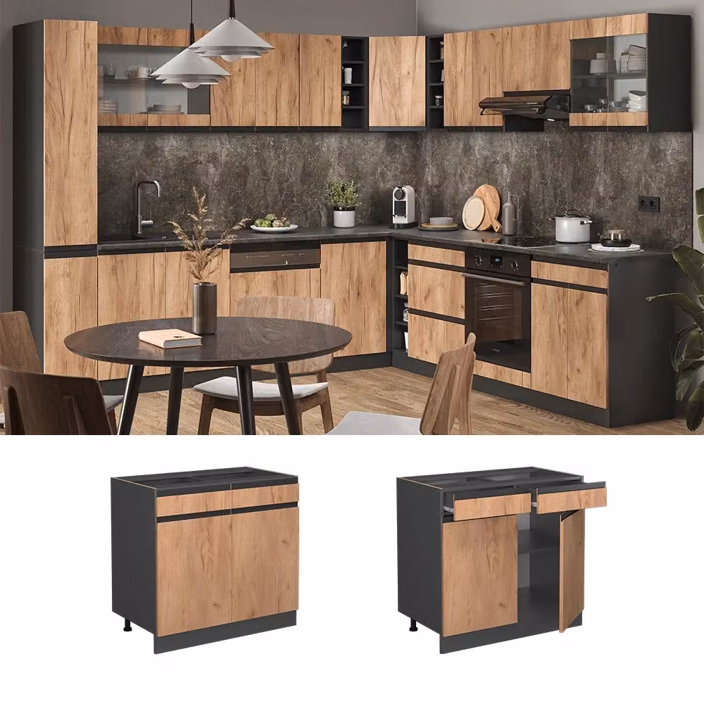Mobiletto base per cucina Vicco R-Line in legno Rovere e Antracite, L: 80 cm – 2