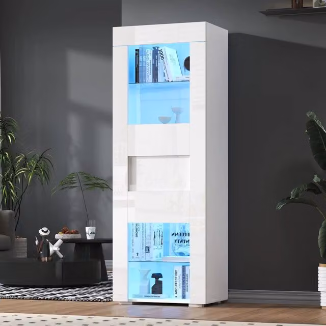 Vetrina bianca da soggiorno con illuminazione LED; 60 x 40 x 170 cm; 2 ripiani regolabili; MDF vetro temperato e acrilico