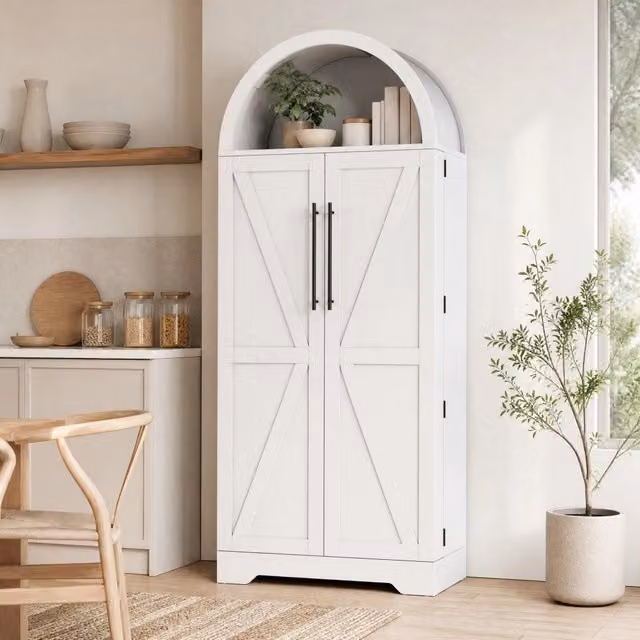 Vetrina ULEVR 70x40x165 cm con ripiani aperti e 3 ripiani interni, mobile alto in MDF bianco