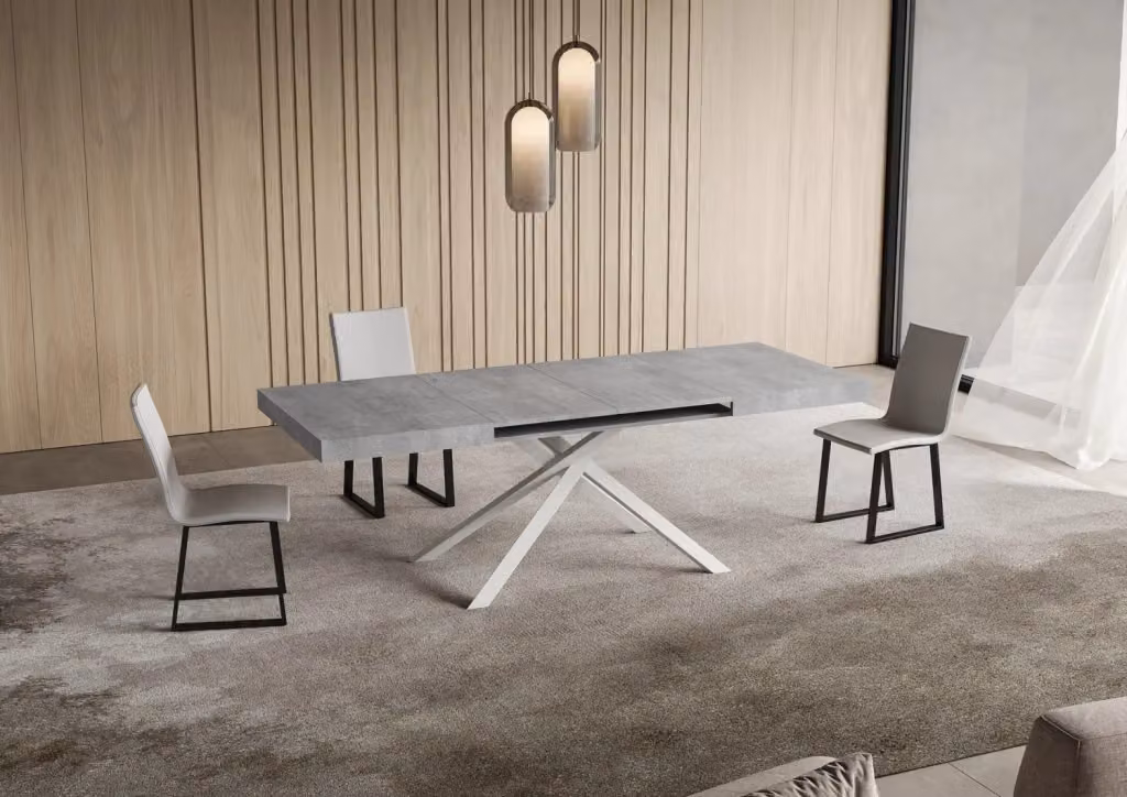 Tavolo allungabile moderno Bs Com in finitura cemento grigio con gambe bianche L/P/H: 140 x 90 x 74 cm (estendibile fino a 400 cm) – 2