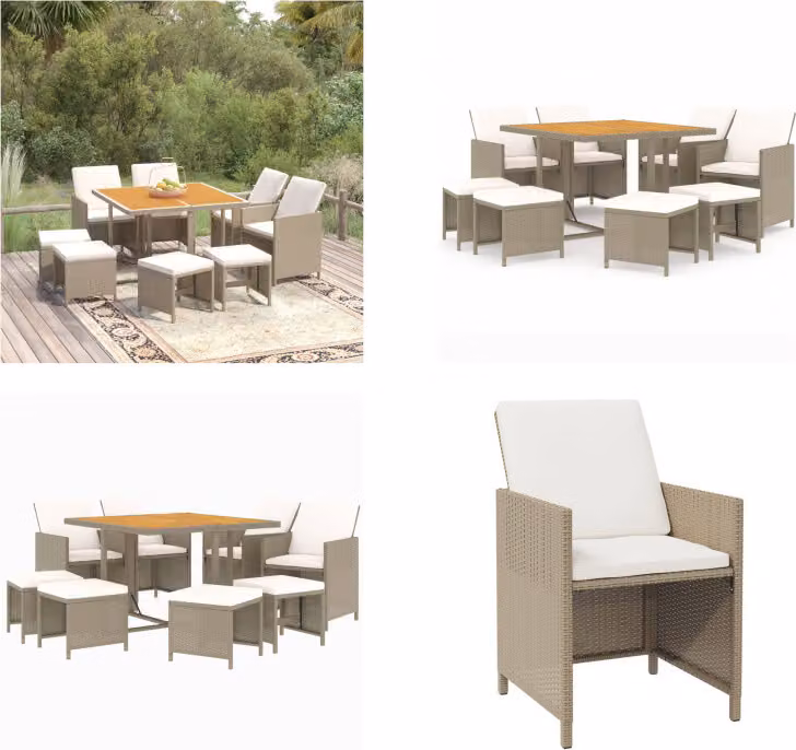 vidaXL Set da pranzo da giardino 9 pezzi con cuscini in poly rattan beige - Set da pranzo da giardino - Set da pranzo in poly rattan - Set da pranzo da esterno