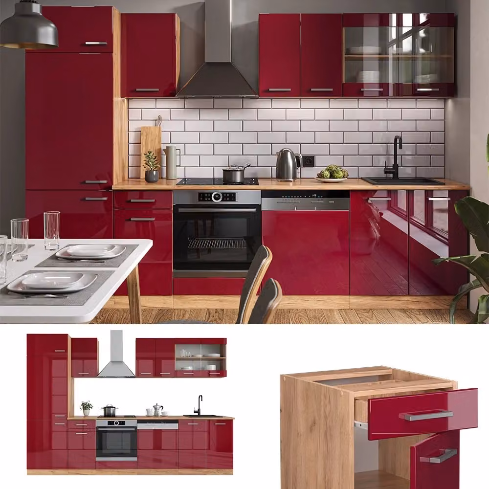 Cucina componibile moderna Vicco R-Line in rosso lucido e rovere dorato, larghezza: 300 cm, senza piano di lavoro – 2