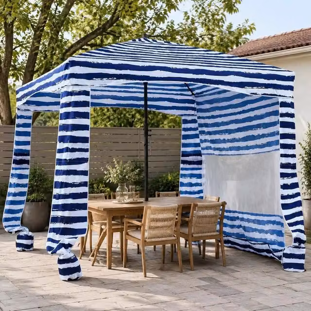 Beach Cabana, 183 X 183 Cm Beach Canopy With Side Panel, UPF 50+ Sun Protection, Beach Pavilion With Sandbags, Portable Sunshade Parasol For Family And Friends, Navy Blue Stripes