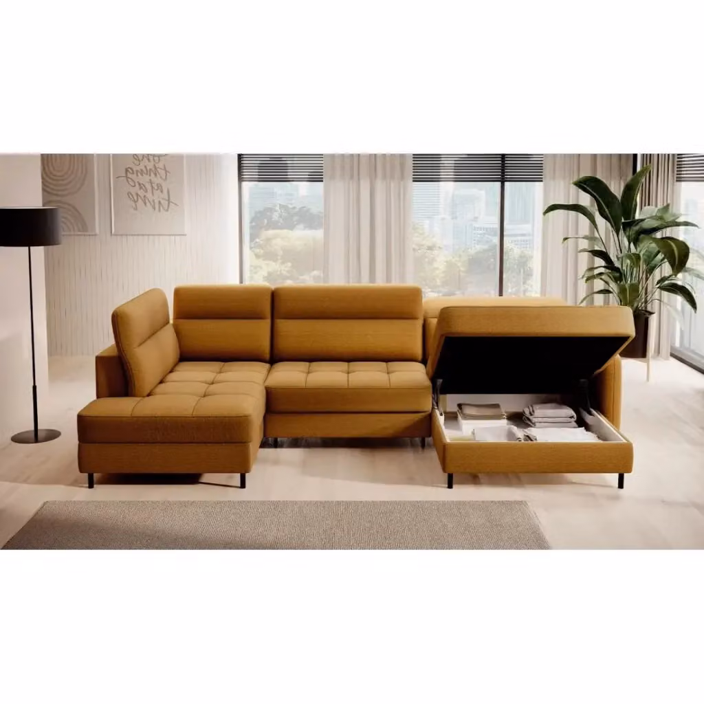 Divano angolare trasformabile BERTHO di MEUBLORAMA, colore arancione, con contenitore e lato destro, L/P/H: 306 x 166 x 100 cm – 2