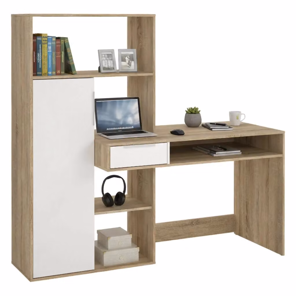 Scrivania Annalou DMORA con un cassetto, design moderno, Bianco e Rovere, L: 162.8 cm, P: 60.35 cm, H: 155.4 cm – 2