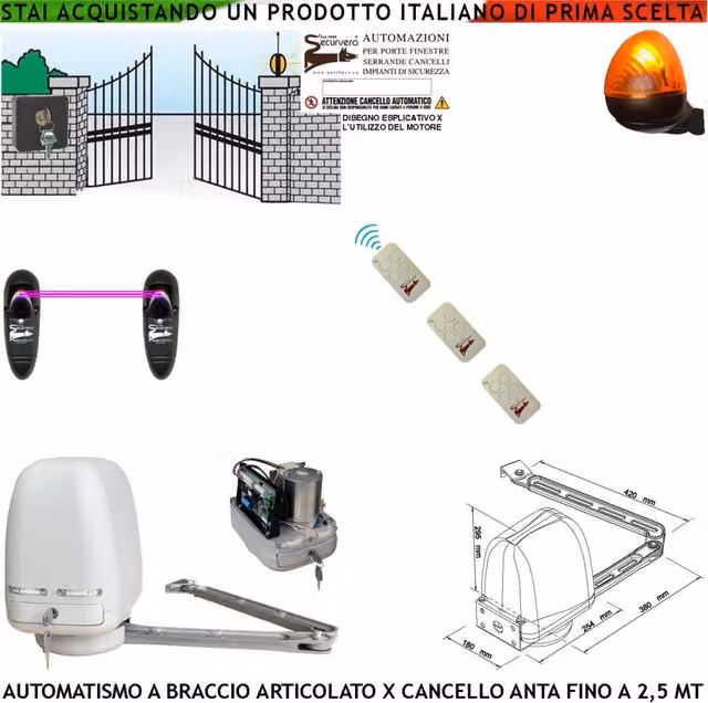 AUTOMAZIONE CANCELLO MOTORE A BRACCIO ARTICOLATO 220/24 V ANTA BATTENTE DA 0,5 A 2,5 MT CENTRALE 3 RADIOCOMANDI FARO SELETTORE FOTOCELLULE