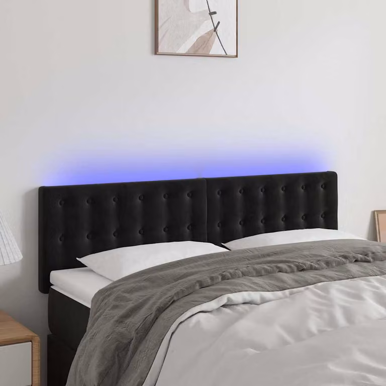 Testiera per letto vidaXL in velluto nero con illuminazione LED e porta di ricarica USB, L: 144 cm, P: 5 cm, H: 78-88 cm