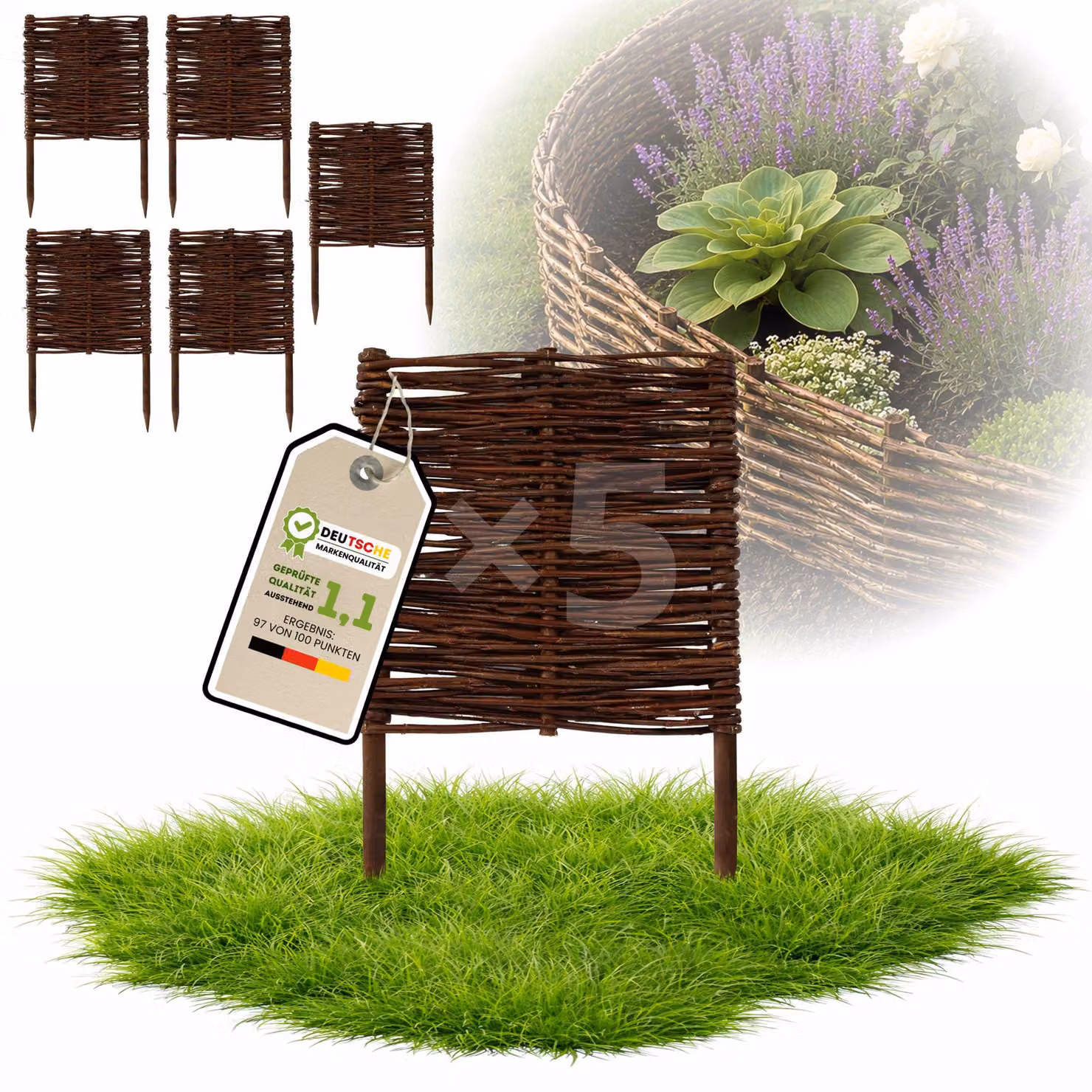 Floranica 5 pezzi Recinzione in vimini 40 cm x 30 cm – Staccionata da giardino intrecciata Palizzata Recinzione naturale Bordo aiuola
