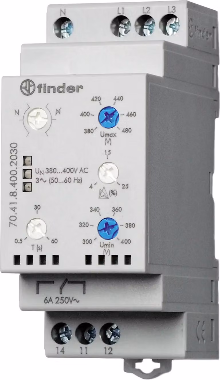 Finder Monitoraggio trifase, regolabile, monitoraggio del conduttore neutro, 1 pz.