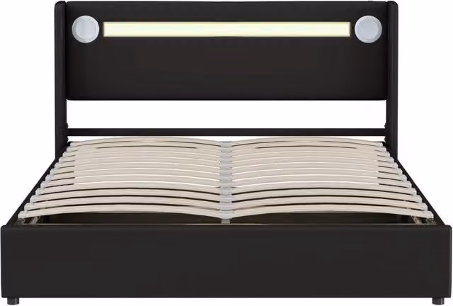 Letto matrimoniale imbottito 160x200 con contenitore, illuminazione LED, Bluetooth e ricarica USB, struttura in PU pelle nera