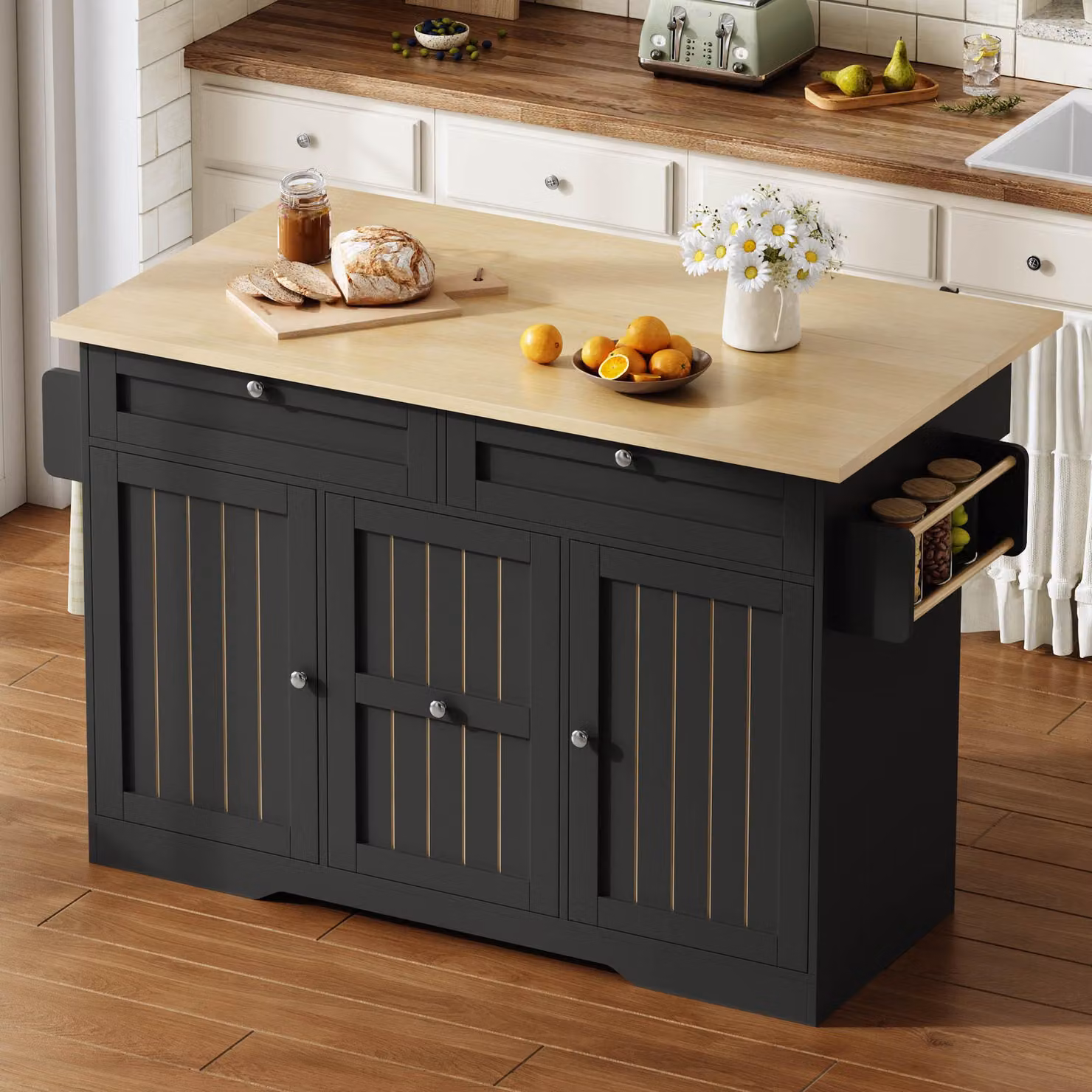 Isola da cucina mobile Aosom con piano di lavoro ribaltabile in MDF nero opaco L/P/H: 120 x 70 x 92 cm – 2