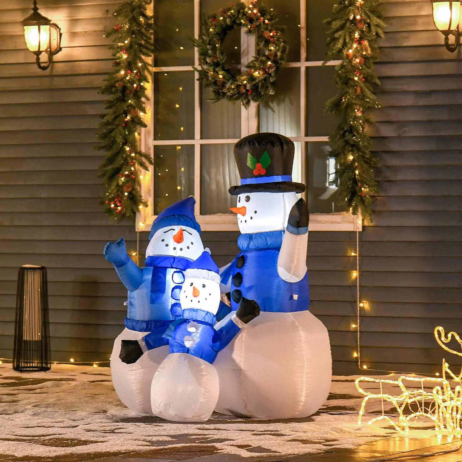 Pupazzo di Neve Gonfiabile da Esterno HOMCOM con Luci, Decorazione Natalizia Impermeabile Bianco e Blu, Altezza: 120 cm – 2
