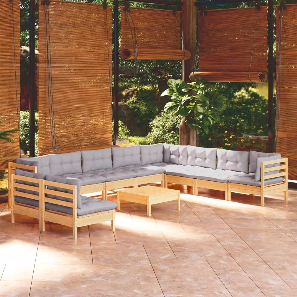 The Living Store Set salotto da giardino da 11 pezzi con cuscini grigi in legno di pino massiccio