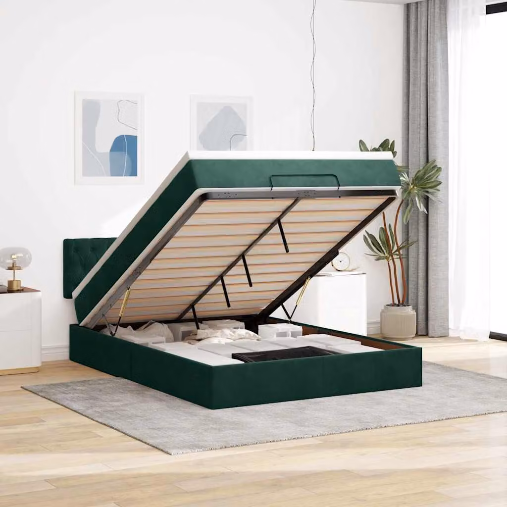 Letto con Pouf e Materasso vidaXL in Velluto con Base a Sollevamento e Porte USB, L: 144 cm, P: 193 cm, H: 88 cm – 1