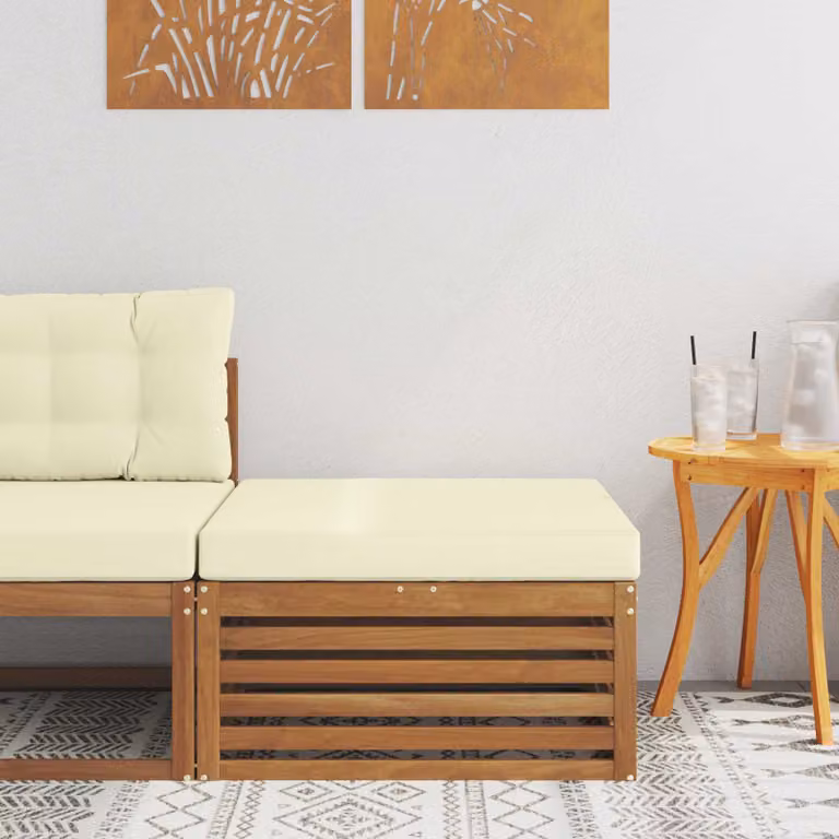 vidaXL Poggiapiedi da Esterno in Legno di Acacia con Cuscini Beige e Marrone L: 79 cm, P: 37 cm, H: 37 cm