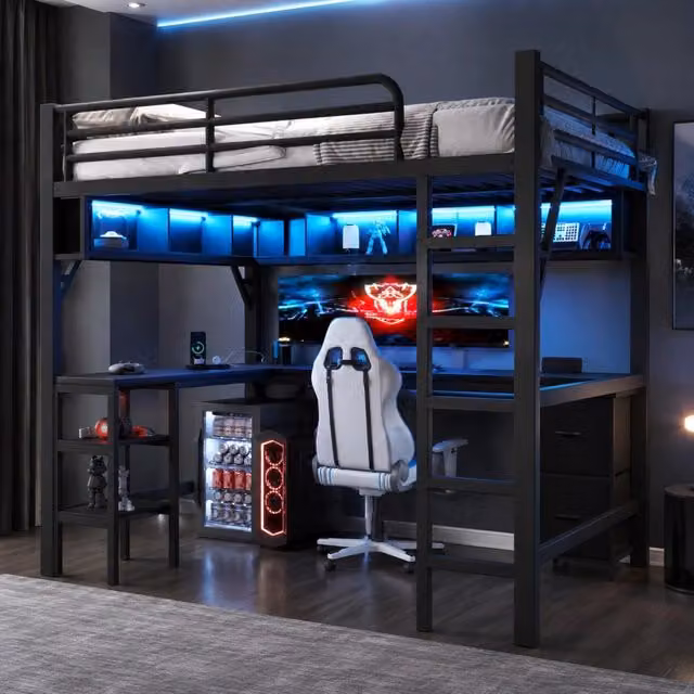 Letto a soppalco moderno con scrivania, libreria, cassetti, porta USB e illuminazione LED in metallo e MDF, nero, L 140 cm x P 200 cm