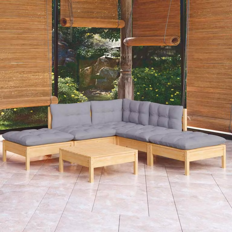 Set di divani da giardino vidaXL in legno massello di pino con cuscini grigi, composizione a L con elementi angolari e pouf, 6 pezzi